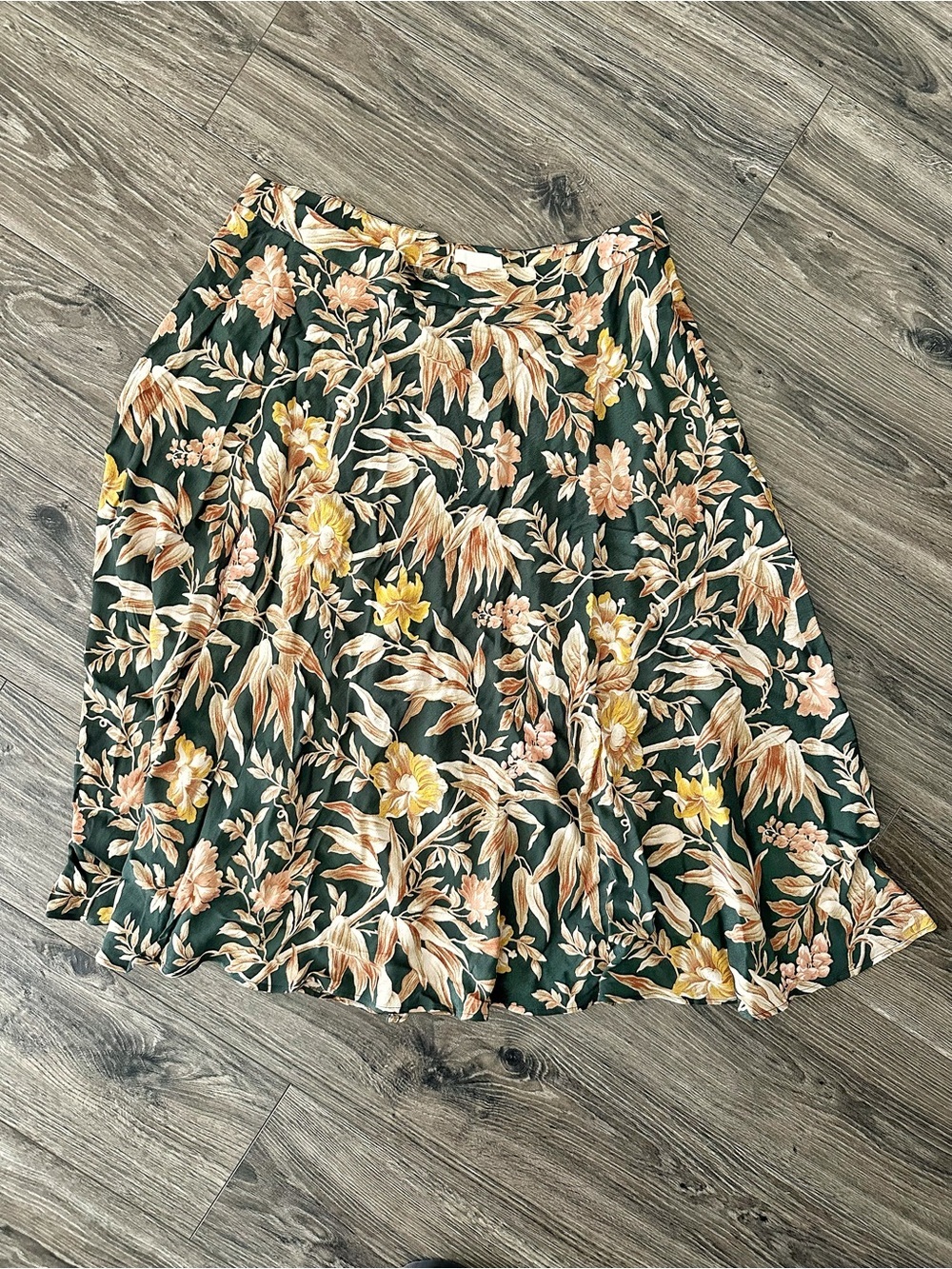 H&M Green Floral A-Line Midi Skirt with Yellow and Cream Blooms